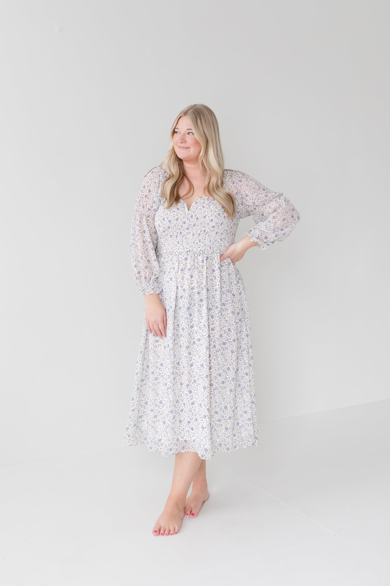JULIET Sheer Sleeve Lavender Floral Midi Dress