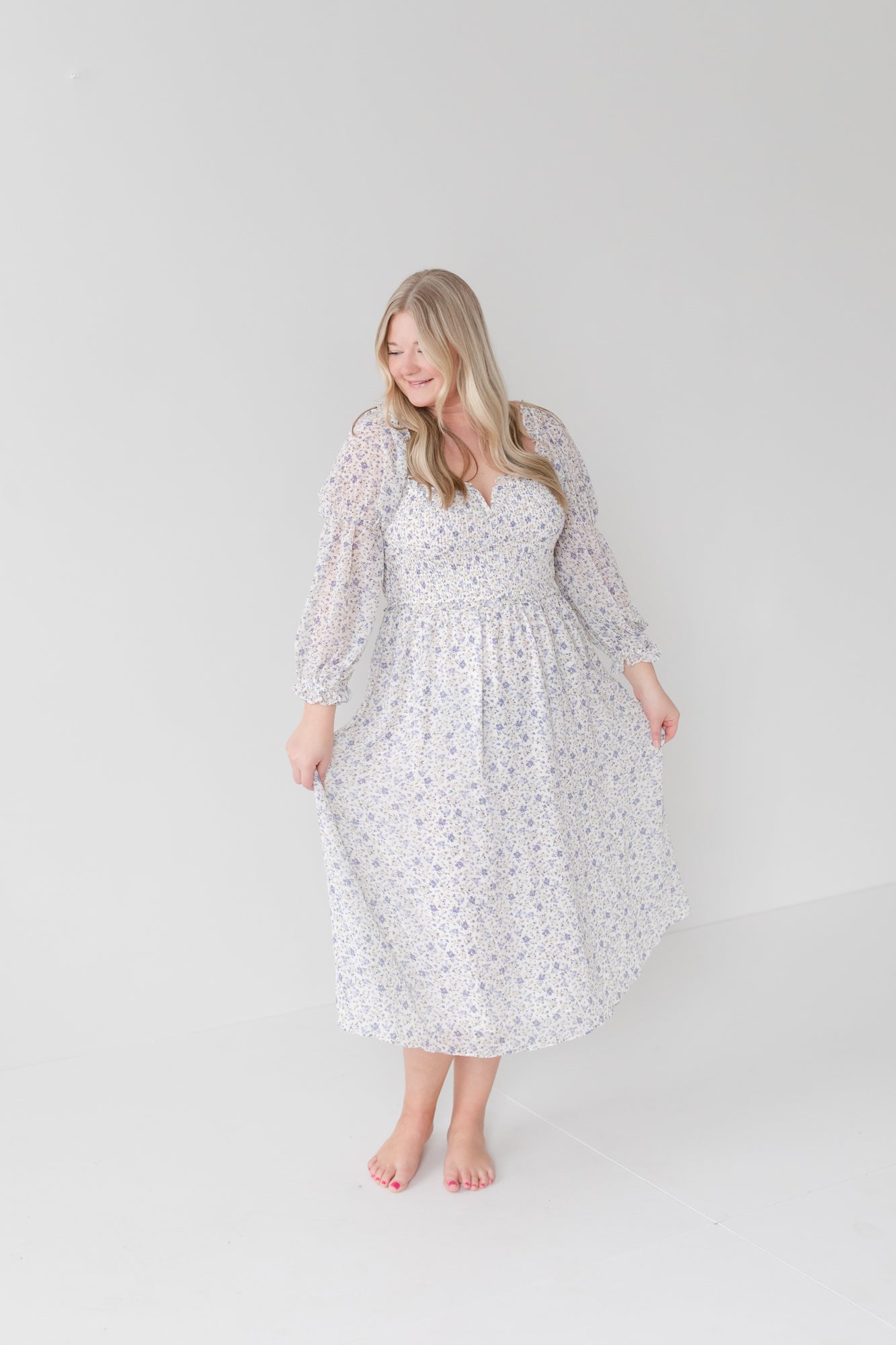 JULIET Sheer Sleeve Lavender Floral Midi Dress