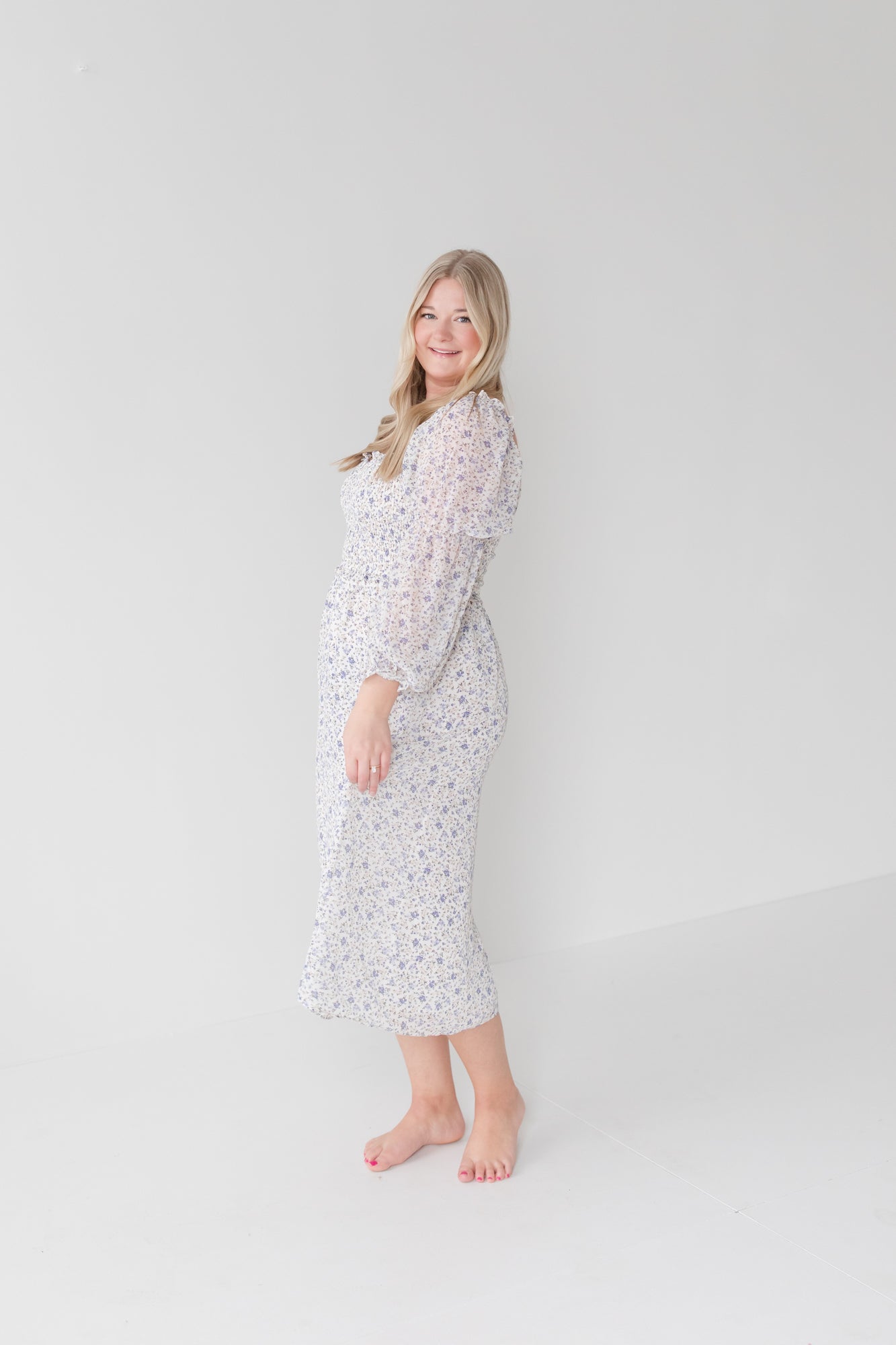 JULIET Sheer Sleeve Lavender Floral Midi Dress