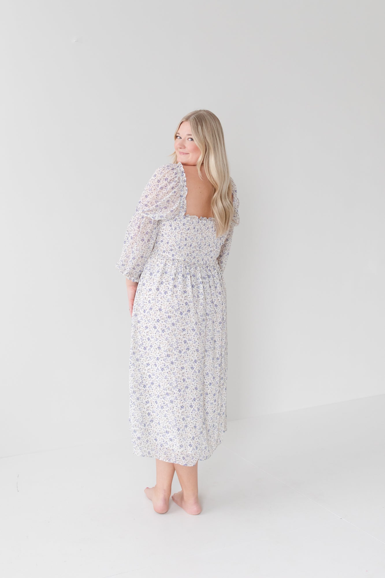 JULIET Sheer Sleeve Lavender Floral Midi Dress
