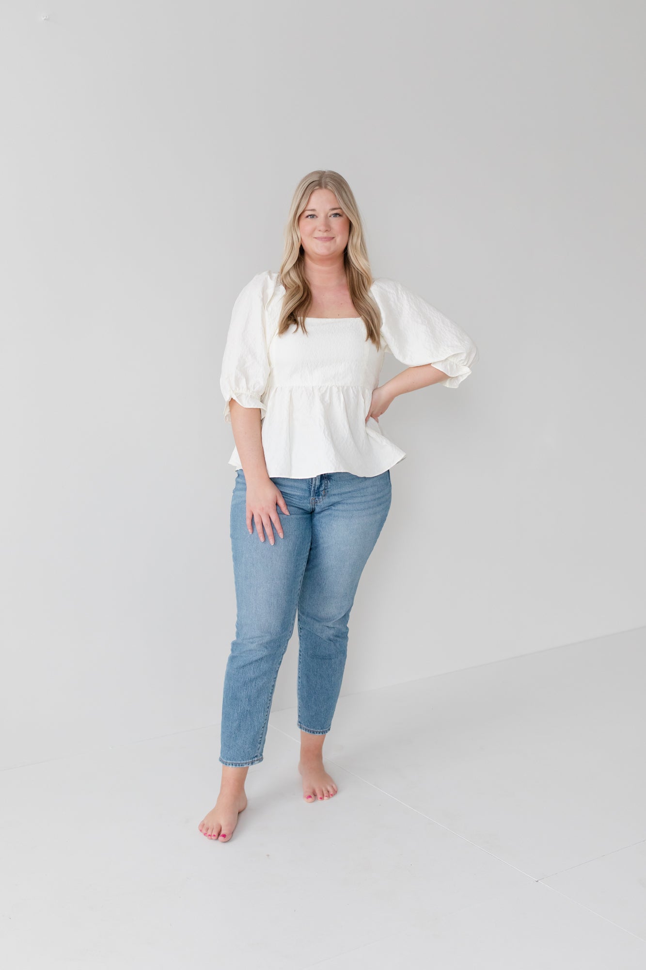 Ivory Flower Jacquard Babydoll Blouse