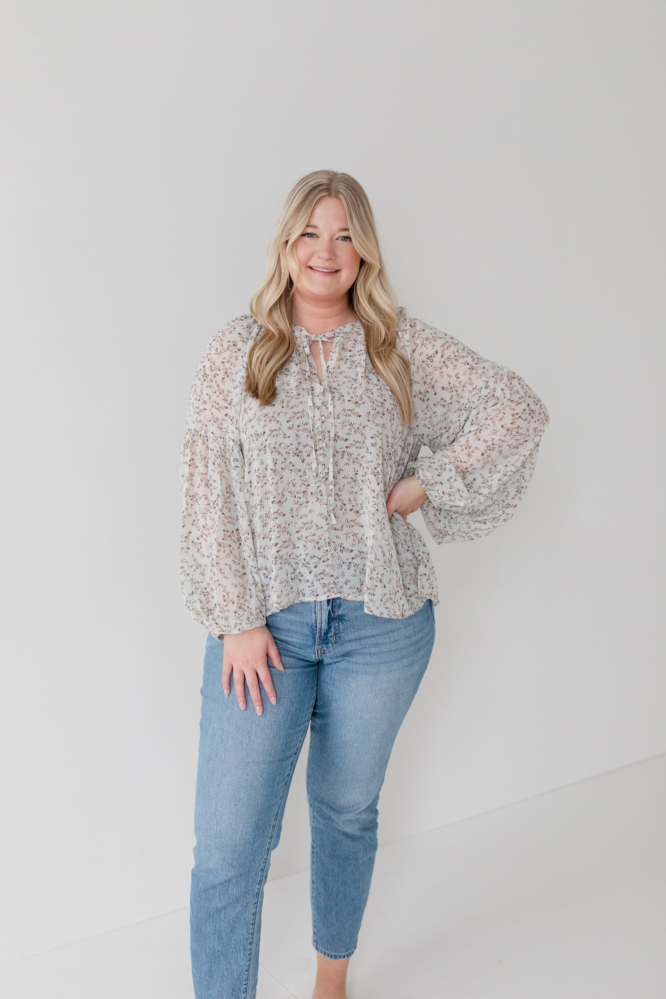 Sage Ditsy Floral Balloon Sleeve Blouse