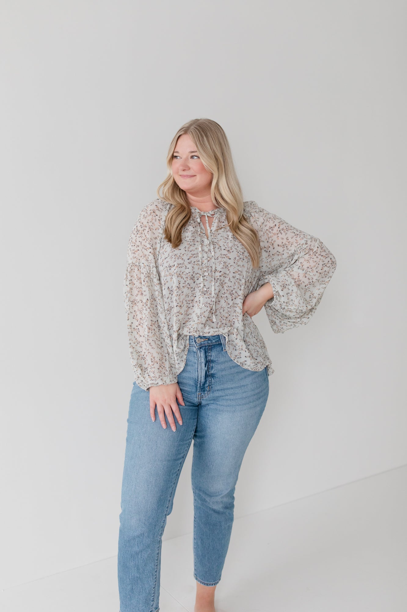 Sage Ditsy Floral Balloon Sleeve Blouse