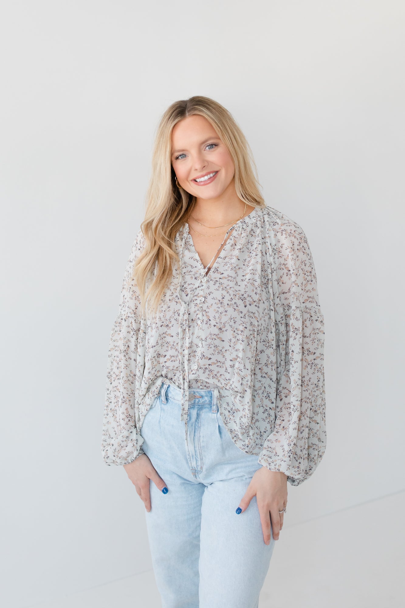 Sage Ditsy Floral Balloon Sleeve Blouse