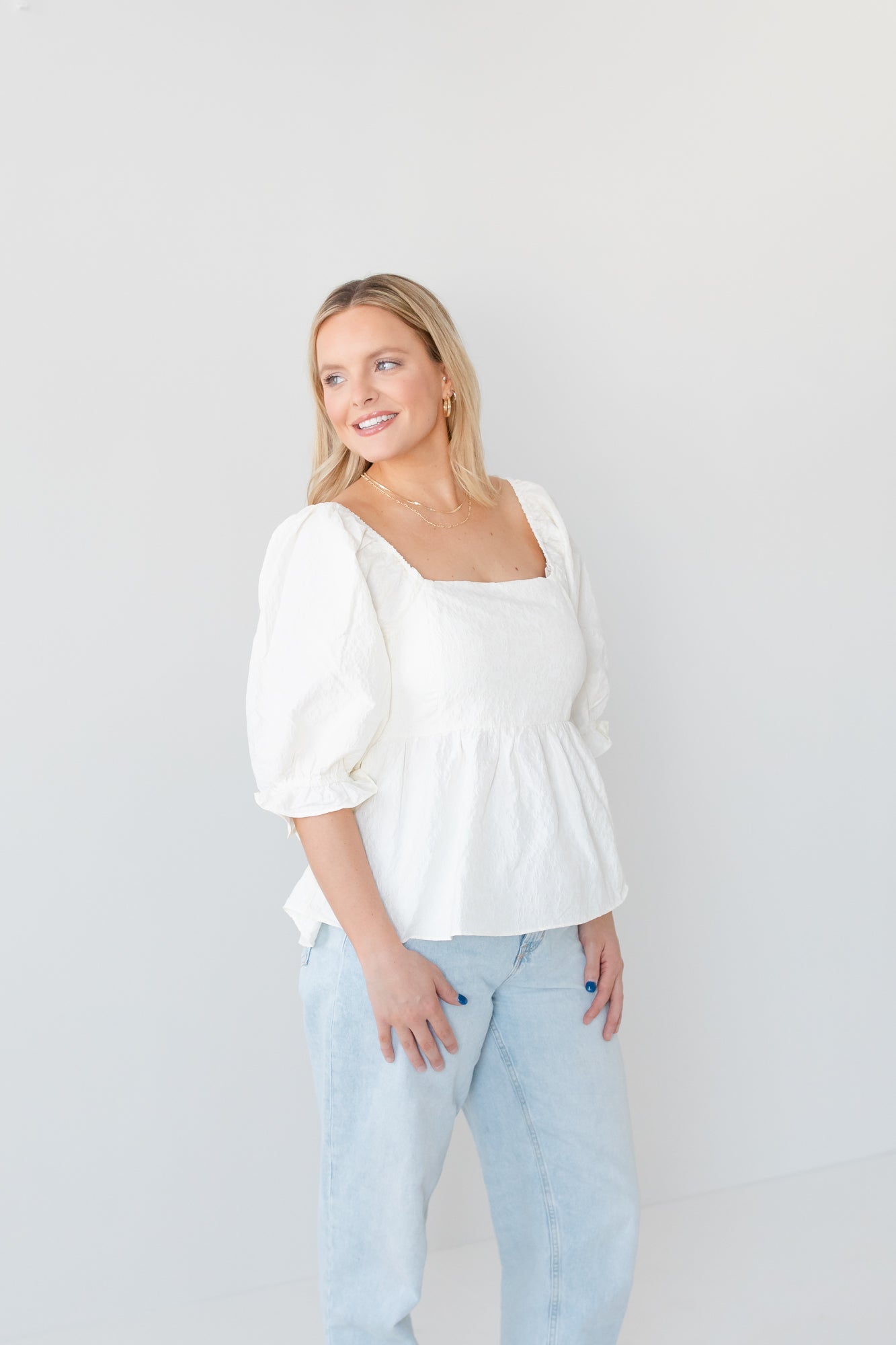 Ivory Flower Jacquard Babydoll Blouse