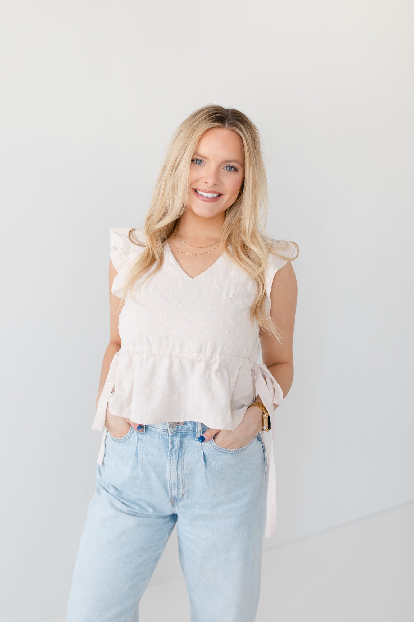 Short Sleeve Floral Embroidered Ruffle Top