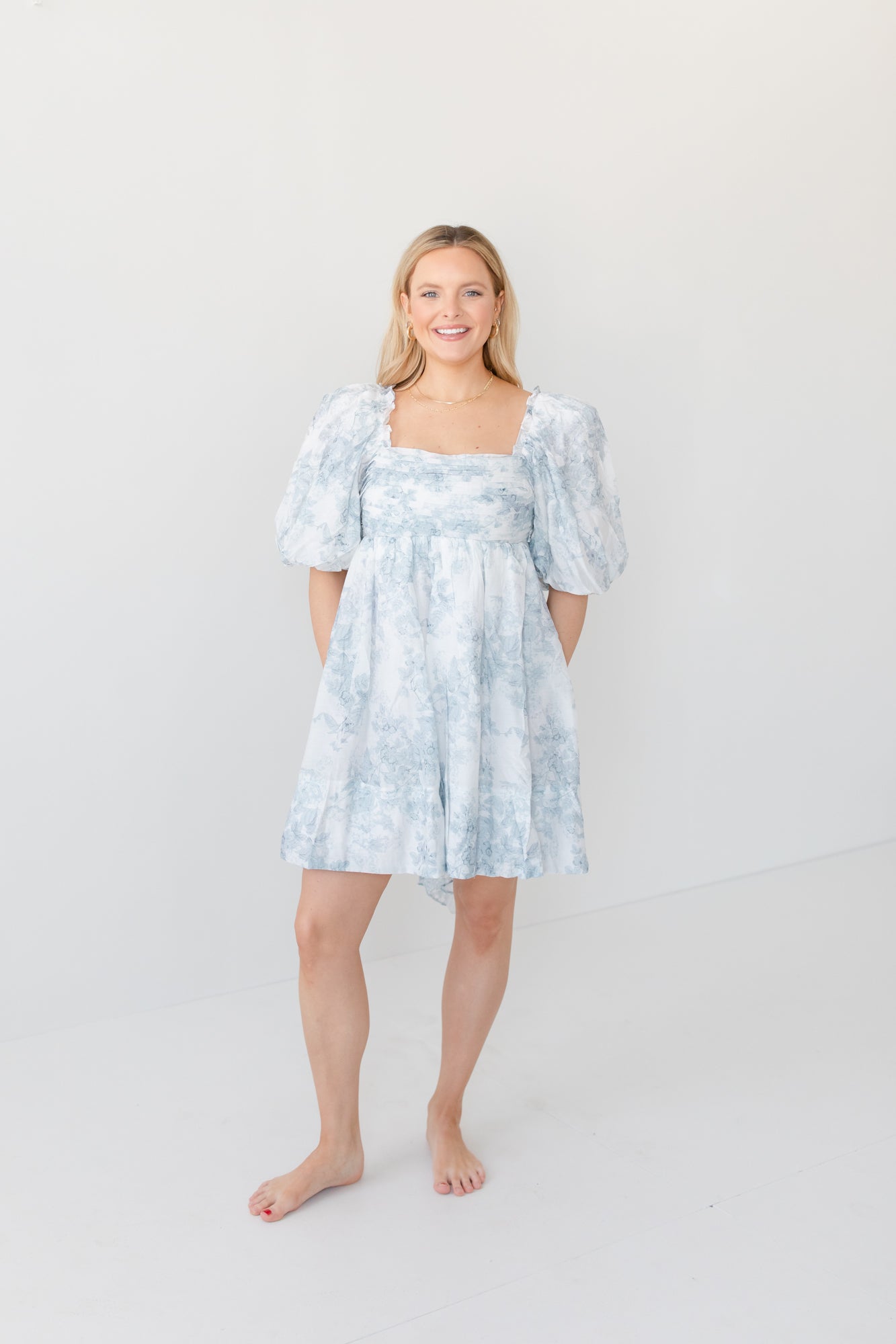 SAVANNAH Blue Floral Mini Dress with Bow Tie Back