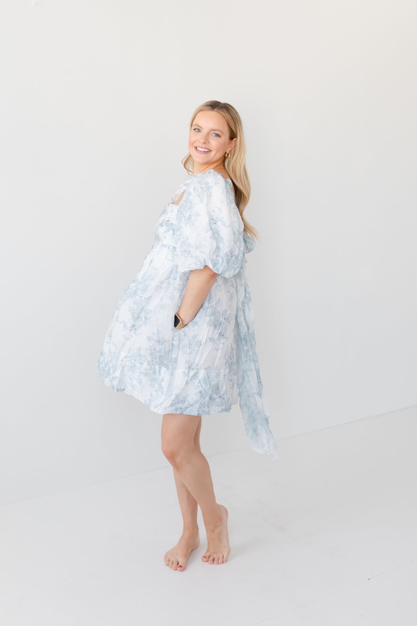 SAVANNAH Blue Floral Mini Dress with Bow Tie Back