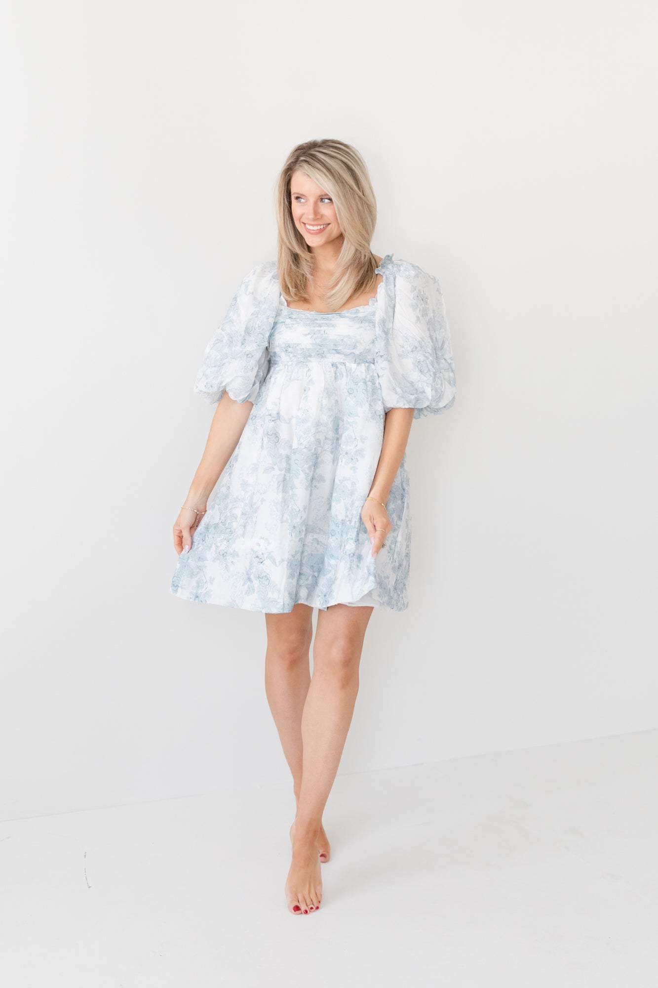 SAVANNAH Blue Floral Mini Dress with Bow Tie Back