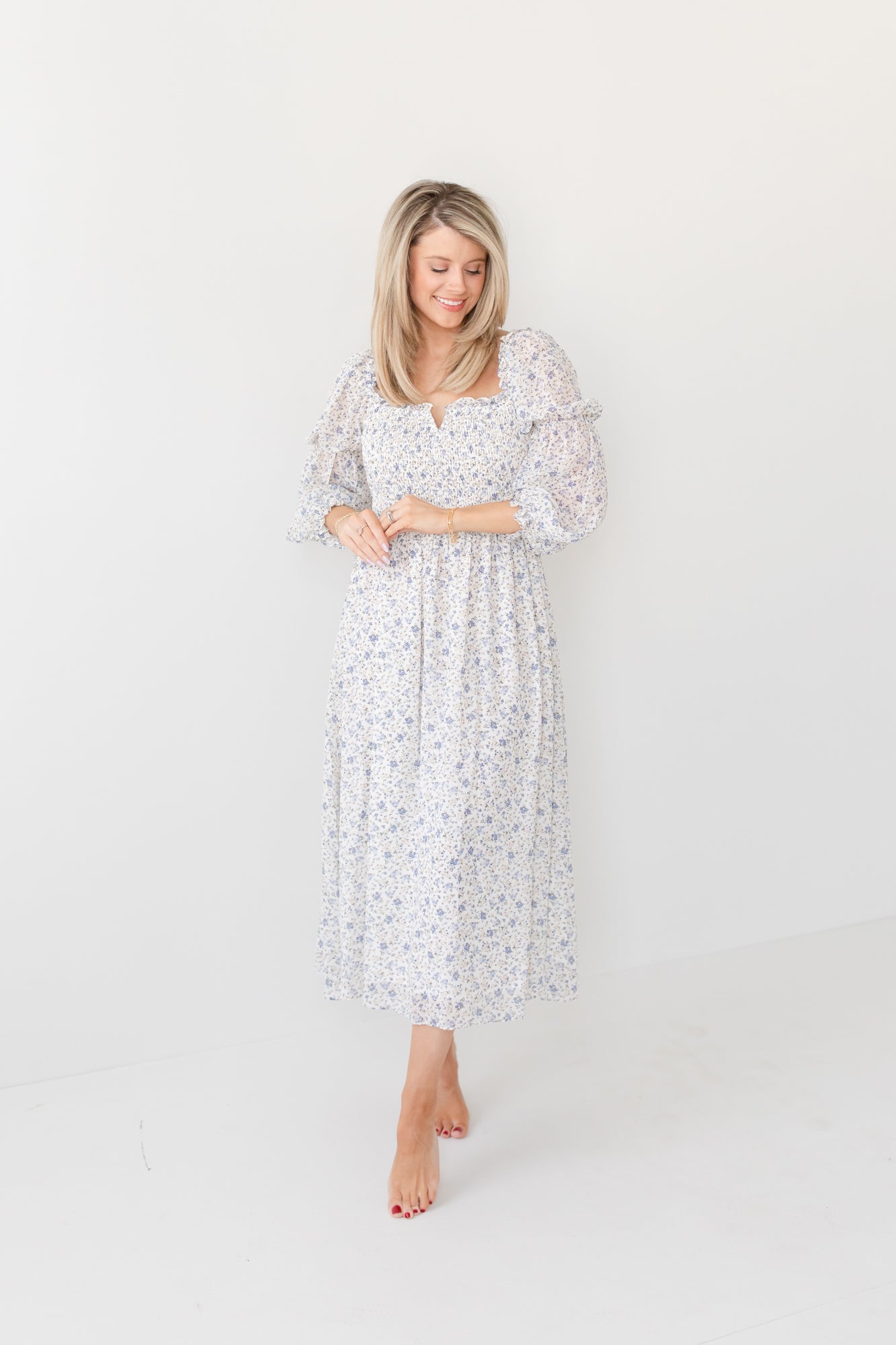 JULIET Sheer Sleeve Lavender Floral Midi Dress