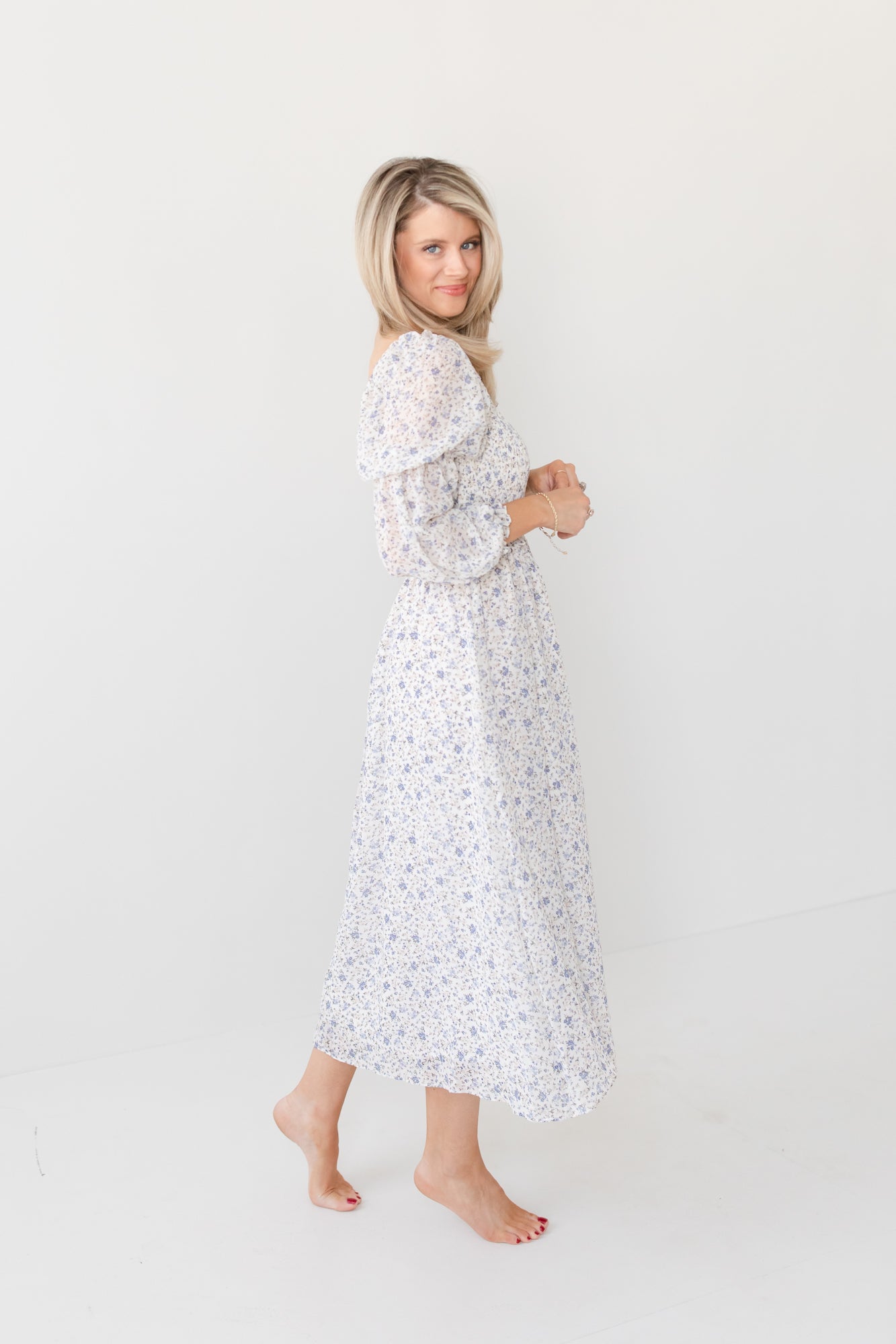 JULIET Sheer Sleeve Lavender Floral Midi Dress
