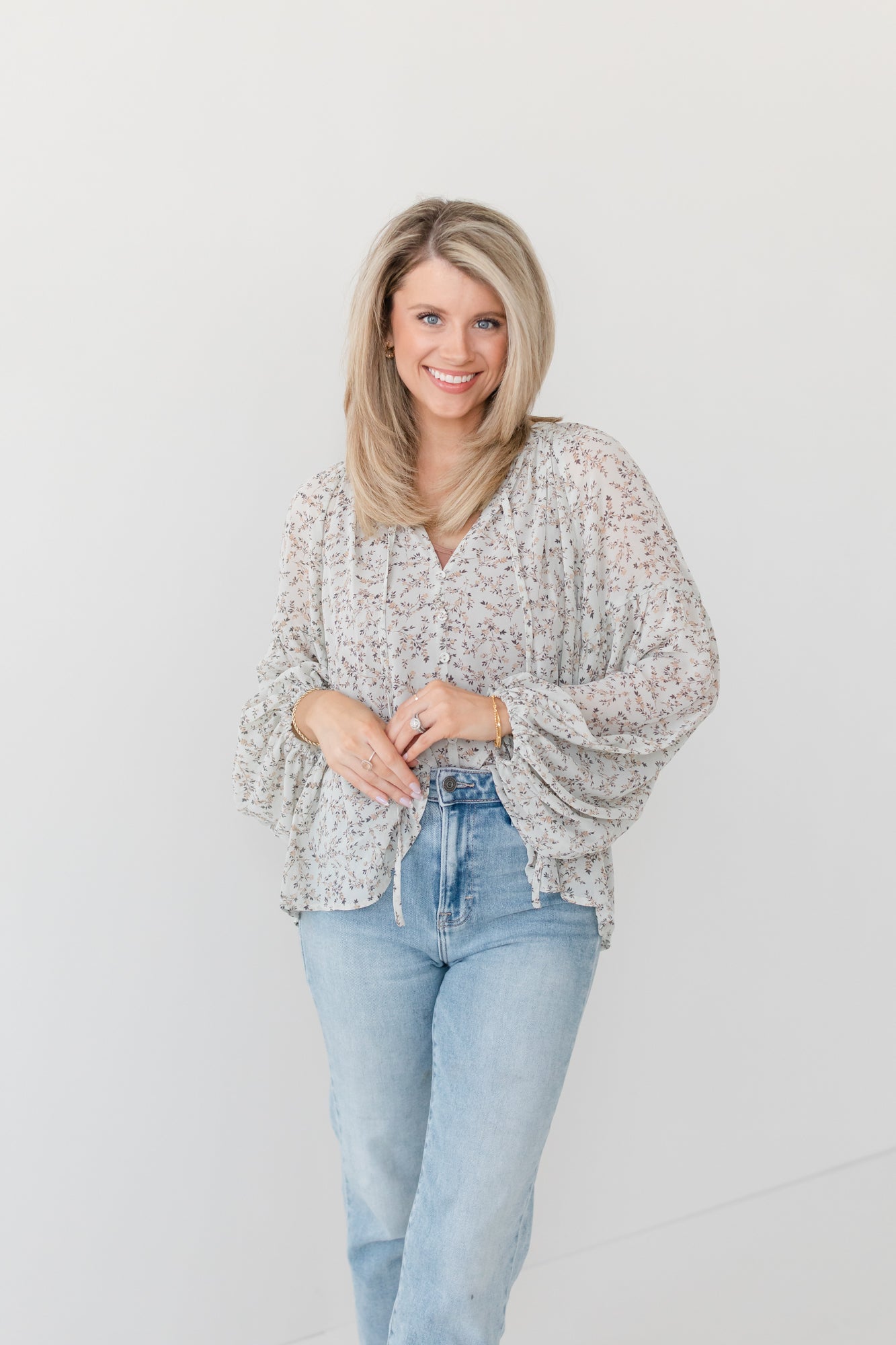 Sage Ditsy Floral Balloon Sleeve Blouse