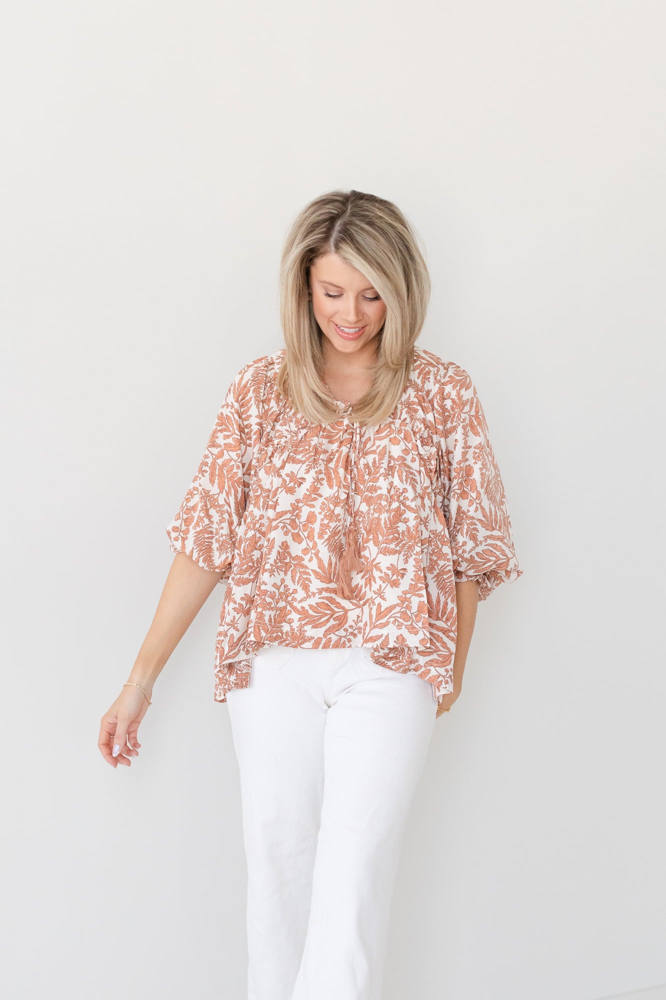 Flowy Shift Leaf Pattern Blouse