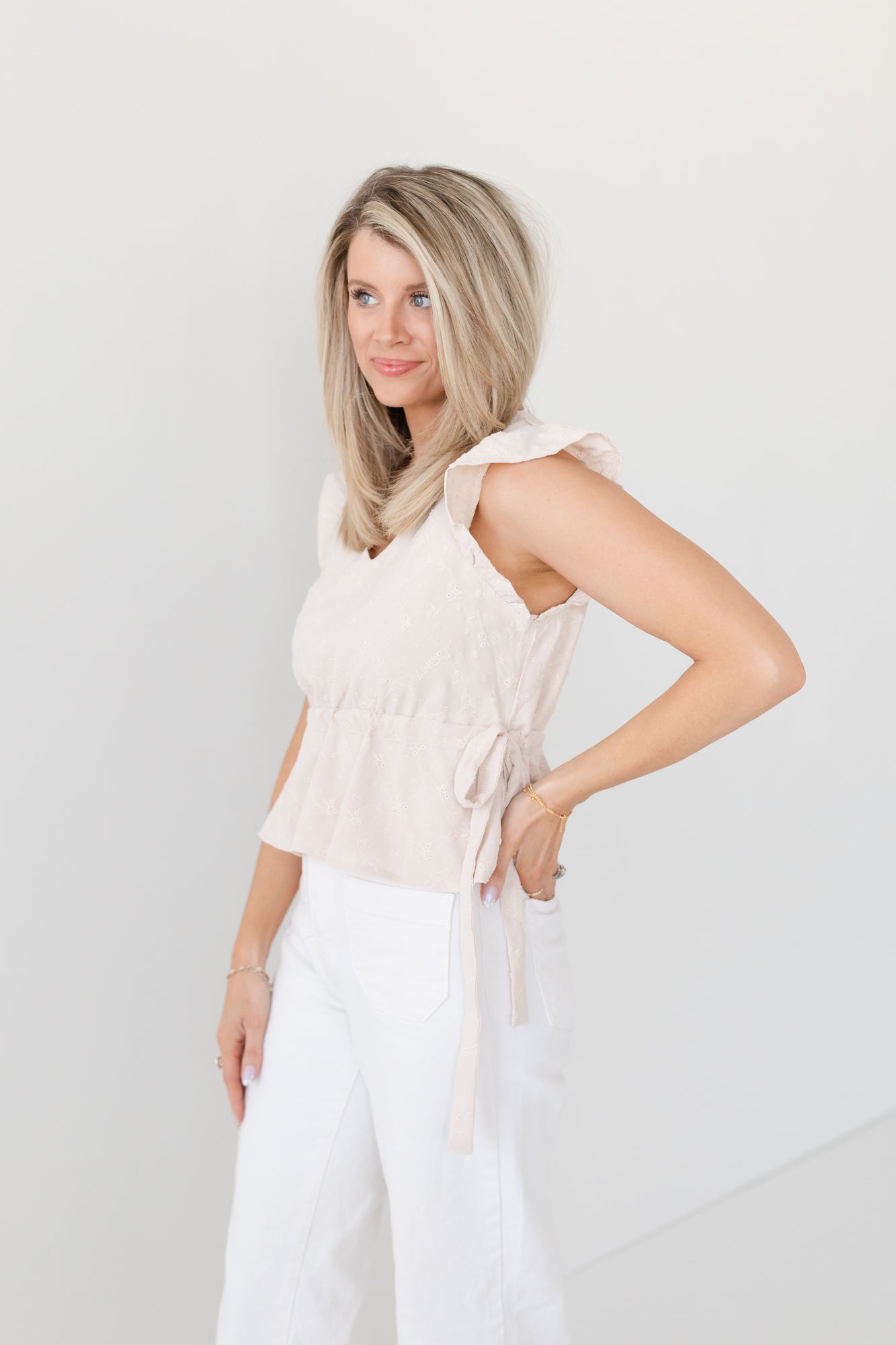 Short Sleeve Floral Embroidered Ruffle Top