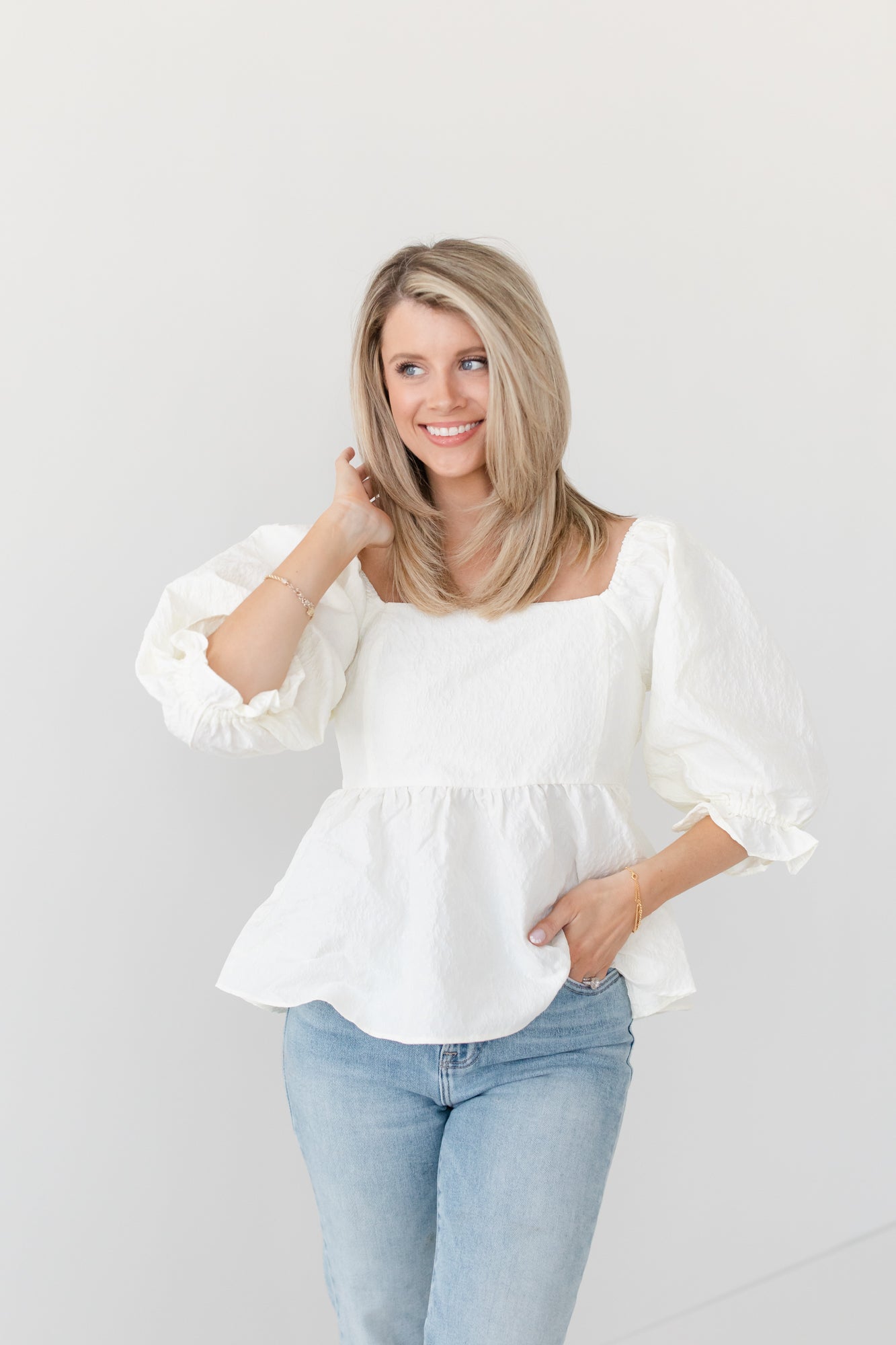 Ivory Flower Jacquard Babydoll Blouse
