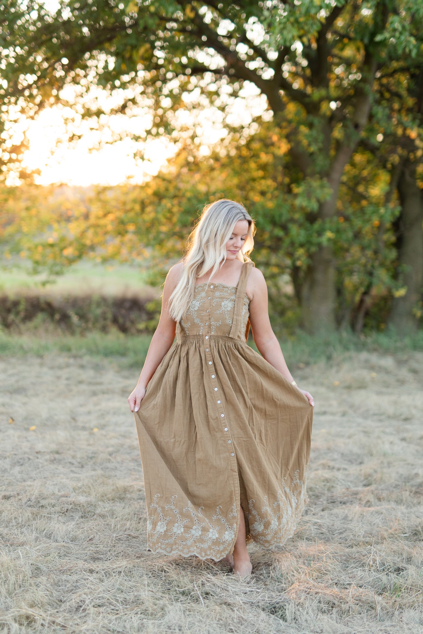 Olive Embroidered Linen Dress Nursing & Maternity Friendly