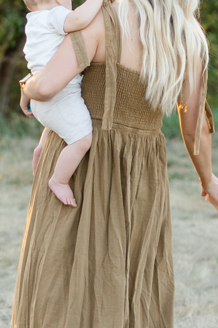 Olive Embroidered Linen Dress Nursing & Maternity Friendly