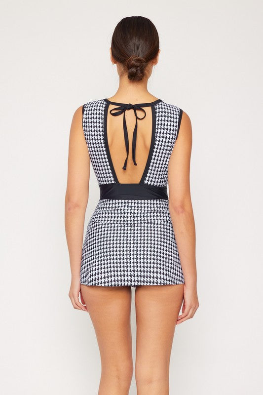 High Neck Hounds Tooth Modest Swimsuit with Swim Skirt