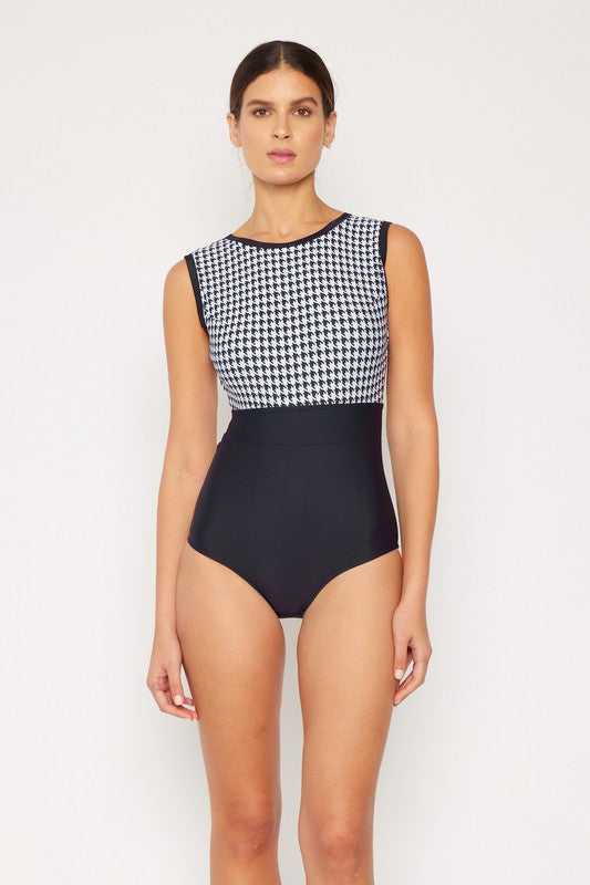 High Neck Hounds Tooth Modest Swimsuit with Swim Skirt