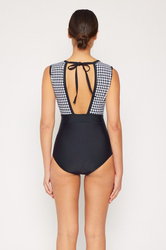 High Neck Hounds Tooth Modest Swimsuit with Swim Skirt