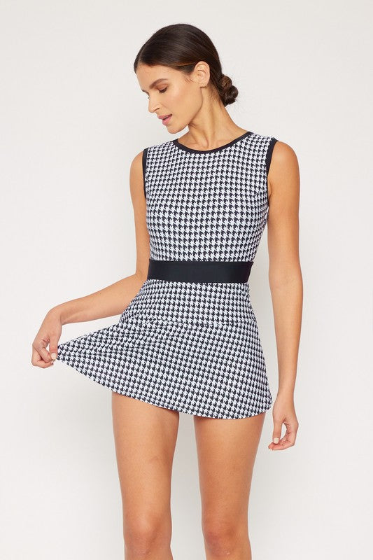 High Neck Hounds Tooth Modest Swimsuit with Swim Skirt