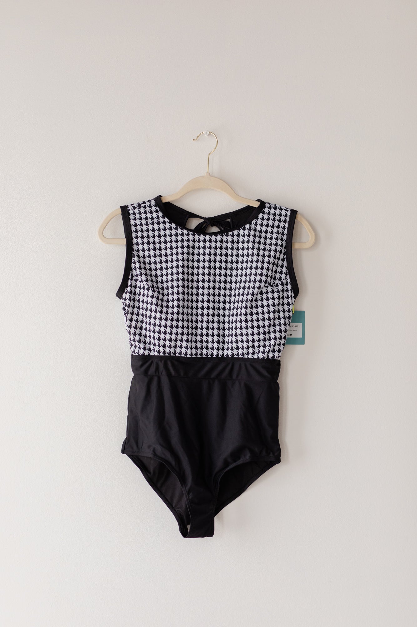 High Neck Hounds Tooth Modest Swimsuit with Swim Skirt