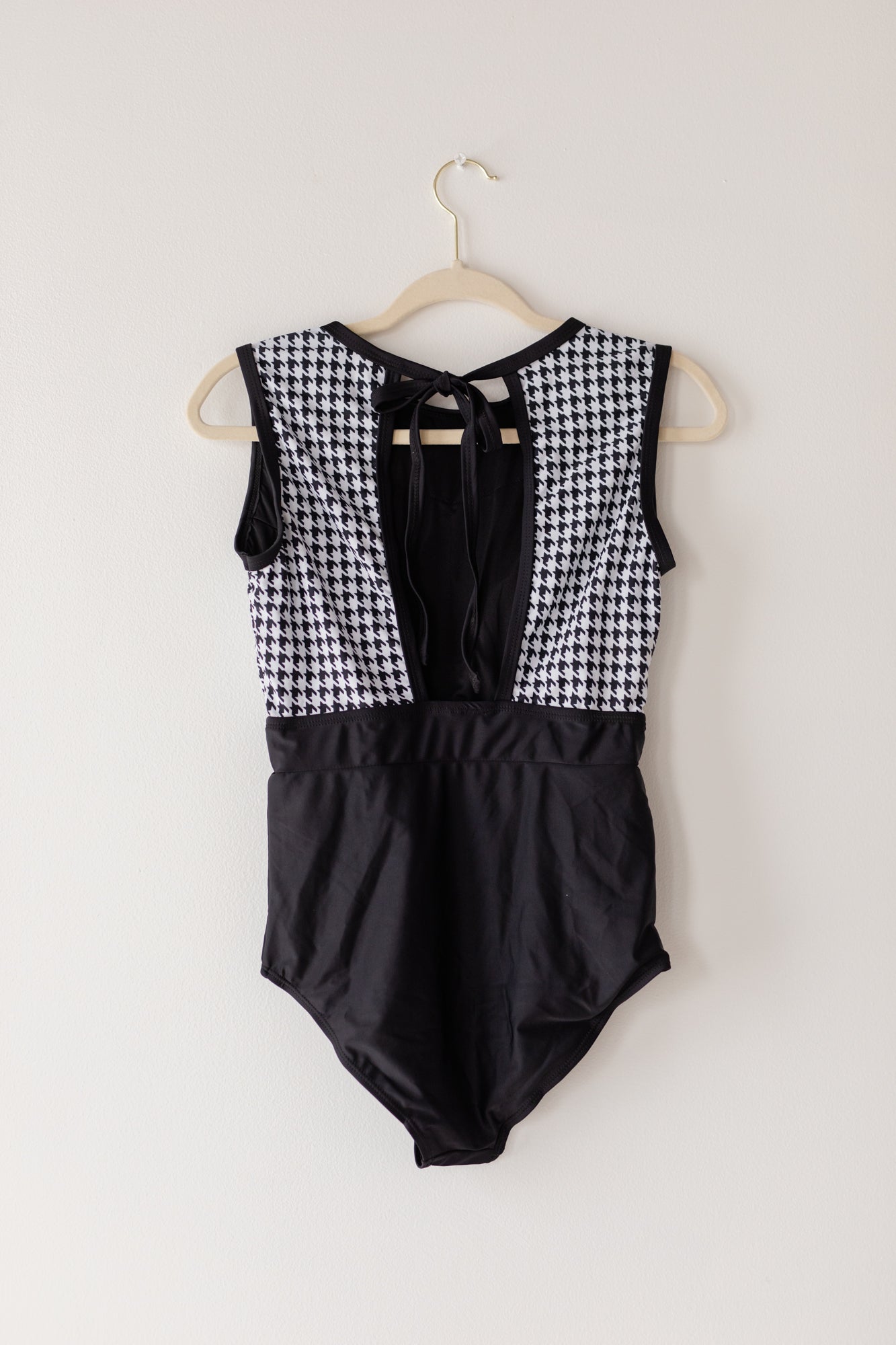 High Neck Hounds Tooth Modest Swimsuit with Swim Skirt